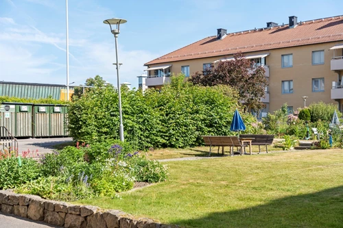 Grönskande innergård precis utanför dörren!